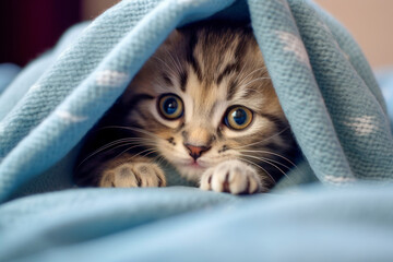 A playful kitten's paws reaching out from a cozy blanket.