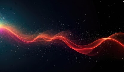 Stream of brilliant red particles in motion ın a dark black abstract background. Visualization of sound and music. Copy space for text, advertising, message