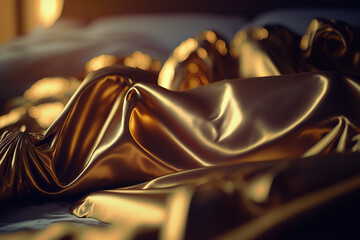 close-up of golden bedsheets with sunlight - obrazy, fototapety, plakaty