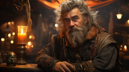 Portrait of a fantasy tavern owner with a wise and weathered look, surrounded by fantasy-themed decor and creatures. Concept of Fantasy Innkeeper or Pub Owner, Magical Inn. - obrazy, fototapety, plakaty
