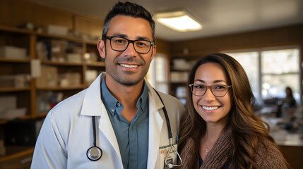 Par de doctores latinos en Hospital de servicios médicos sonrientes