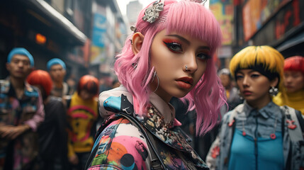 Individuals posing in colorful and avant-garde Harajuku fashion on the streets of Tokyo. Concept of Unique and Bold Street Style.