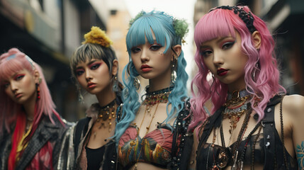 Individuals posing in colorful and avant-garde Harajuku fashion on the streets of Tokyo. Concept of Unique and Bold Street Style. - obrazy, fototapety, plakaty