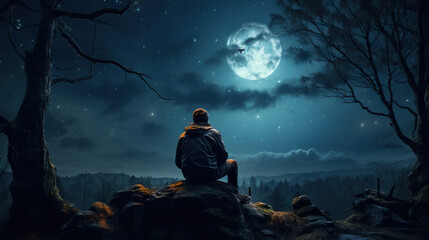 Person striking contemplative poses while stargazing at moon in a dark sky reserve. Concept of Astro contemplation, Stargazing in Natural Darkness, Sky Observation.