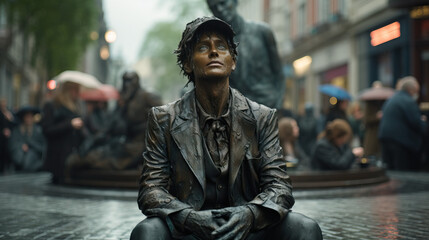 Person posing as a living statue in a busy urban square. Concept of Street Performance Art, Living...