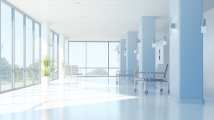 Empty hospital Office Building Corridor with Sparse Architecture and Window Views. Generative AI