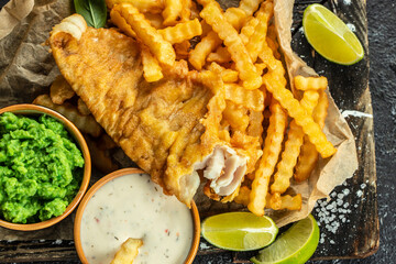 fish and chips served with mashed peas, vegetable salad, tartar sauce, traditional English dish