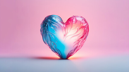 A romantic light blue-pink heart made of translucent plastic with embossed patterns, backlit, in the spirit of Valentine's Day with gentle, soft feminine colors and light shadows.