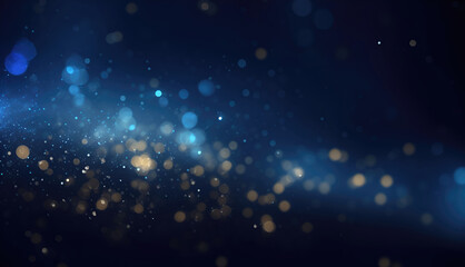 Fototapeta na wymiar Dark blue bokeh background with sparkling star dust particles in motion, contemporary glitter opulent golden sparkles. Blurred, defocused, abstract background for Christmas.