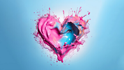 Colorful romantic heart made from splashes of colored liquid, in the spirit of Valentine's Day, with light pink, blue, and pink colors, and bright shadows.