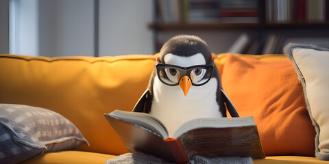 penguin wearing glasses reading book on sofa, learning and knowledge and wisdom concept, - obrazy, fototapety, plakaty