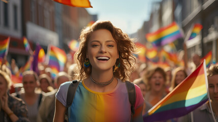LGBTQ+ activists marching in parade of community. Concept of Pride Parade Activism, LGBTQ+ Community March, Advocacy for LGBTQ+ Rights, Unity and Visibility.