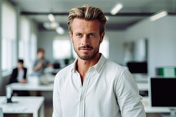 Obraz premium Portrait of a male professional standing in an office, Happy confident business man leader looking and Smiling manager executive, male worker feeling cheerful thinking of financial success