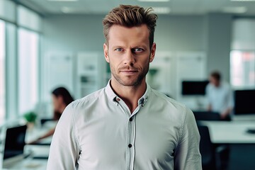 Fototapeta premium Portrait of a male professional standing in an office, Happy confident business man leader looking and Smiling manager executive, male worker feeling cheerful thinking of financial success
