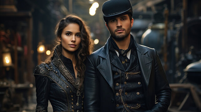 individuals dressed in steampunk attire, top hat, posing against a backdrop of industrial or vintage machinery. Concept of Steampunk Fashion Portrayal  Style.