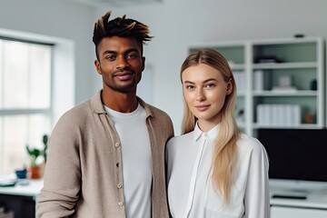 Portrait of two business people standing in an office, Two happy professional business people team woman and man workers discussing financial market data standing at corporate office meeting