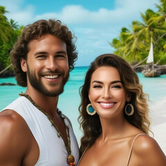 Fototapeta premium Hombre y mujer de vacaciones en una playa tropical con bosques de palmeras y un barco velero de fondo 