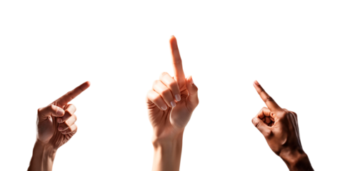 Conjunto de mãos apontando para o alto. Pacote de mão apontando pra cima com o dedo indicador, isoladas e em fundo transparente.