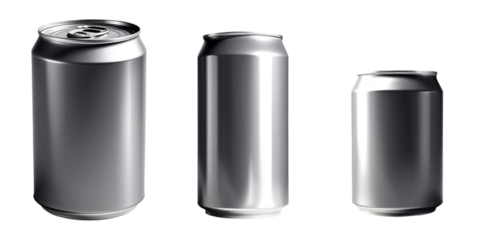 Conjunto de Latinhas de metal e alumínio, vazias e em branco, isoladas, em fundo transparente.