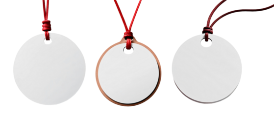 Conjunto de etiquetas redondas de madeira com cordas Pacote de etiquetas de madeira mdf em branco e vazias, isoladas e em fundo transparente.