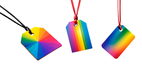 Conjunto de Etiquetas orgulho LGBTQIA+. Etiqueta retangular de arco-íris, pendurada por um cordão, visto de perto, isolado em fundo transparente. - obrazy, fototapety, plakaty