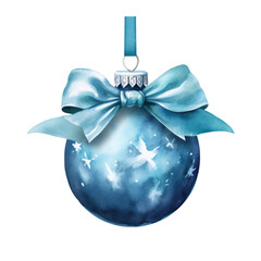 blue watercolor Christmas ball with ribbon and a bow, isolated on background. Generative AI.