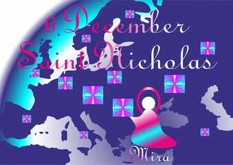 Obraz premium Bishop Saint Nicholas, parcels and gifts with bows, map of Europe and inscription: 6 December Saint Nicholas from Mira - illustration, abstract composition with pink and blue neon color.