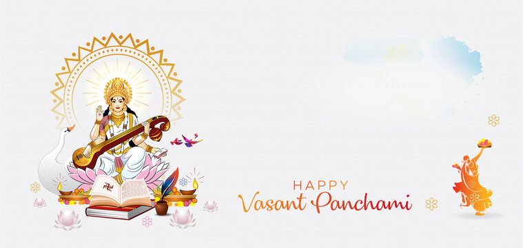 Happy Vasant Panchami festival. Indian hindu Goddess Saraswati worship and spring season background.