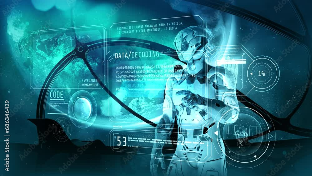 Poster the astronaut receives a coded signal. 3d render