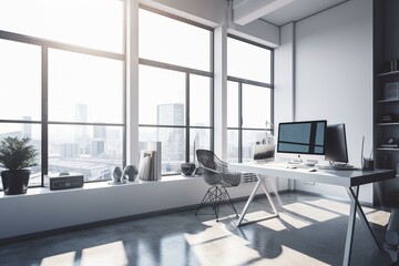 Modern office space with computer and desk next to large window. Generative AI