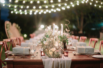 lovely Table setting for magnificent composition from flowers at a wedding , Centerpiece white and...