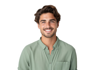 Fototapeta premium portrait of a happy young man with a friendly smile in mint green clothes, pleasant, cheerful, positive expression