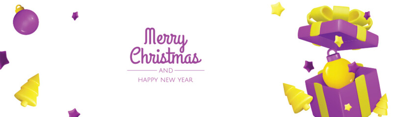 New Year or Christmas sales design template. Vector illustration. Winter background with decorative gift box and gold stars