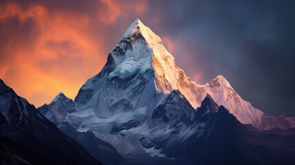 A breathtaking panoramic view during the evening of Mount Ama Dablam against a stunning sky, captured along the path leading to Everest Base Camp in the Khumbu Valley within Sagarmatha National Park
