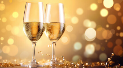 Glasses of champagne on a festive background, party or holiday concept. New Year or Christmas sparkling background. Gold and black colors.