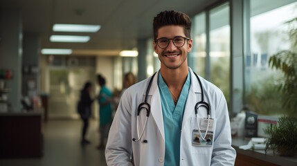Doctor latino con pacientes en hospital publico sonrientes y con actitud de trabajo