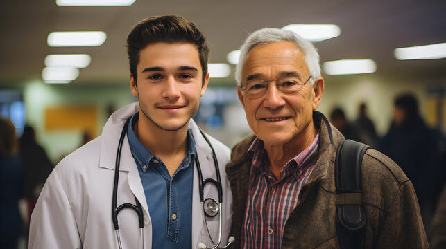 Doctor latino con pacientes en hospital publico sonrientes y con actitud de trabajo