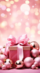 Fototapeta na wymiar Merry Christmas background with pink festive gift boxes and Christmas balls. Holiday pink Christmas and New Year composition with copy space.