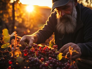 Cavernet Sauvignon grapes in the vineyard on a sunny day. Farmer collecting grapes harvesting season. Generative AI.