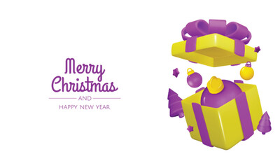 Happy New Year and Merry Christmas. Background with realistic holiday ball and gift. Christmas balls, gold stars, shiny confetti.