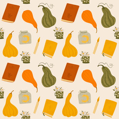 cozy print with pumpkins and books. creative atmosphere with books in seamless background. autumn mood
