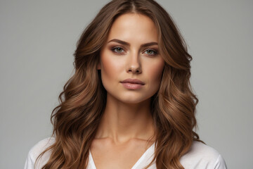 Fototapeta premium A Beautiful Woman with Brown Hair On A Light Gray Background