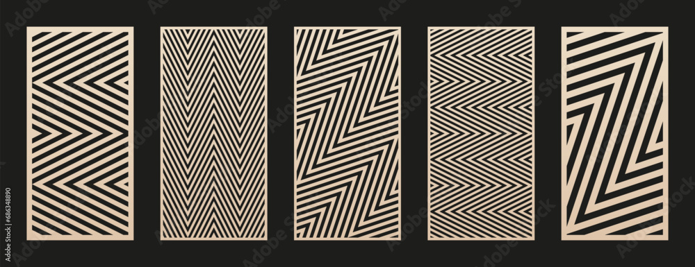 Aufkleber Laser cut patterns set. Vector collection of CNC cutting templates with abstract geometric ornament, lines, chevron, zigzag. Decorative stencil for laser cut of wood, metal, plastic. Aspect ratio 1:2