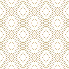 Seamless geometric pattern with golden lines forming diamond grid on white background. Simple luxury golden vector design. Linear abstract background texture. Repeated design for decor, print, cover