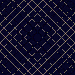 Vector seamless geometric golden diagonal line pattern on black backdrop. Simple minimalist vector texture for luxury design. Abstract linear grid background. Repeat geo ornament for print, decoration