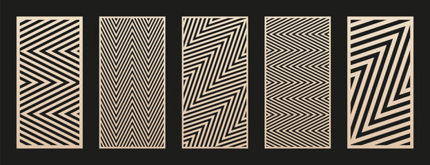 Laser cut patterns set. Vector collection of CNC cutting templates with abstract geometric ornament, lines, chevron, zigzag. Decorative stencil for laser cut of wood, metal, plastic. Aspect ratio 1:2