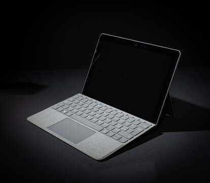 Gothenburg, Sweden - October 10 2023: Microsoft Surface GO tablet computer with keyboard.