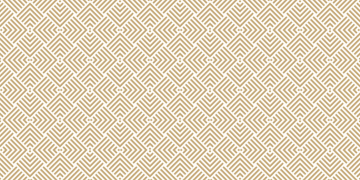 Geometric lines vector seamless pattern. Golden luxury texture with stripes, squares, chevron, arrows, lines. Abstract gold linear graphic background. Trendy geo ornament. Modern repeat design