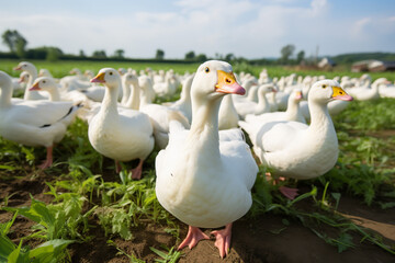 Obraz premium A flock of white ducks standing in a field