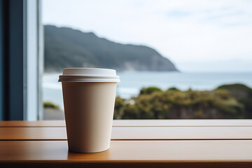 A product photography quality close-up image of a coffee cup on a table near a window overlooking the sea - obrazy, fototapety, plakaty